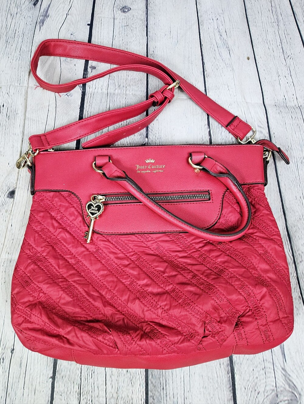 JUICY COUTURE | quilted fabric & leather top handle crossbody purse bag
